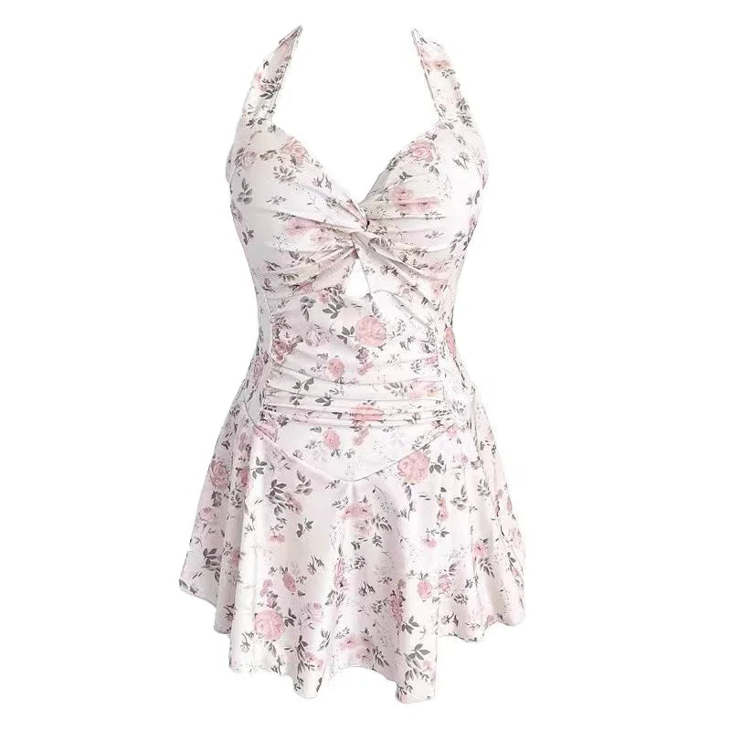 Bikini Élégance Florale - Maillot de Bain Taille Haute & Col Licou